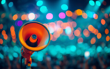 In a crowded concert hall, an orange megaphone rests on the stage, its glossy surface catching the colorful bokeh lights from the performance - obrazy, fototapety, plakaty