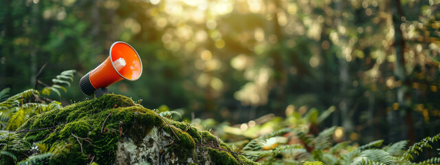 Amidst a dense forest, an orange megaphone sits atop a moss-covered rock, surrounded by a dreamy bokeh effect filtering through the trees - obrazy, fototapety, plakaty