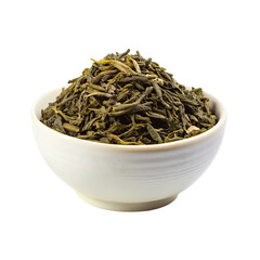 Green tea leaves in a white bowl isolated on transparent background.