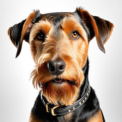 Airedale terrier dog portrait on a light background. Breed of animals