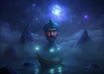 Foto auf Alu-Dibond Moonlit sea with Sinbad the Sailor navigating treacherous waters amid mythical creatures and awe-inspiring landscapes. © misho