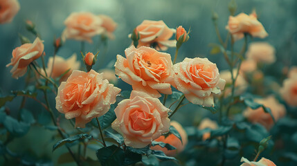 Orange roses blooming in a garden, part of the rose family - obrazy, fototapety, plakaty