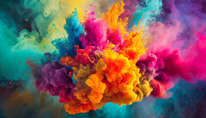 Explosion of vibrant smoke against backdrop of rich hues. Colorful cloud. Color burst