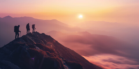 Fototapeta premium Silhouette of teamwork friendship climbing and hiking the top of mountain help each other