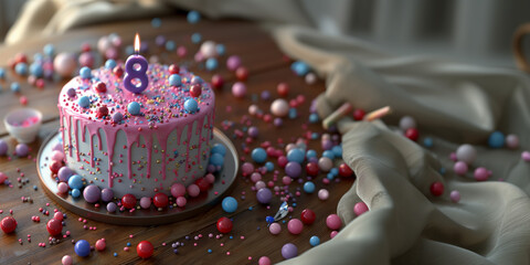 8th birthday cake, birthday invitation background, pink and purple birthday cake - obrazy, fototapety, plakaty