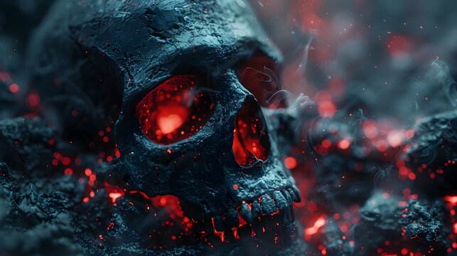 Haunting Fractured Skull Enveloped in Crimson Glow of Umbral Darkness Conceptual Cinematic Photographic D Render