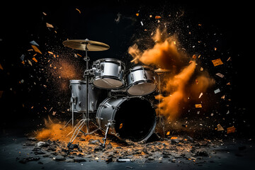 A drum set is shown with a lot of debris and dust