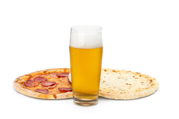 Glass of beer with pizzas on a white background.