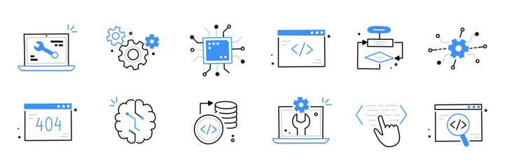 Software code icon doodle set. Hand drawn line sketch software coding doodle. Computer program build technology, data operate, application product test icon. Program build vector illustration