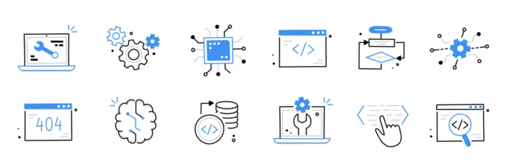 Tapeten Software code icon doodle set. Hand drawn line sketch software coding doodle. Computer program build technology, data operate, application product test icon. Program build vector illustration © Polina Tomtosova