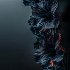 Dark flowers, vertical canvas template for funeral, dimly lit , moody ambiance, matte, minimalistic