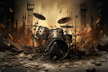 A drum set is shown with a lot of debris around it. - obrazy, fototapety, plakaty