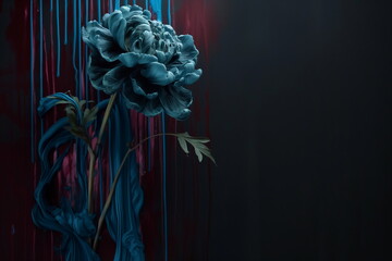 Blue rose made of abstract paint on dark background. Space for text
