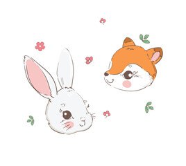 Hand Drawn Cute Fox and Little Bunny Vector Illustration, Woodland animal, Print for children's t-shirts.