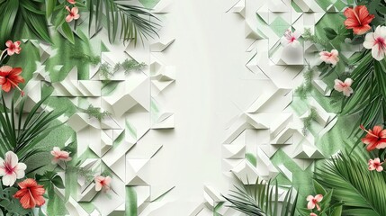 a 3D tiled wall with a white and green geometric floral motif,