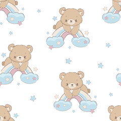 Hand Drawn Cute little Teddy Bear and rainbow Seamless pattern print vector illustration design