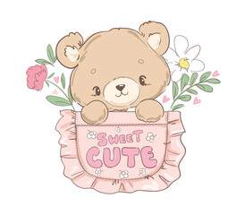 Hand Drawn Cute little Teddy Bear sitting in a pocket, Print Design, children print on t-shirt. vector illustration design