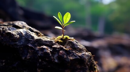 Young spring maple tree growing through stones