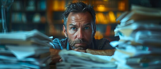 Fatigued businessman surrounded by stacks of paperwork in cluttered office setting. Concept Stressful Work Environment, Overload of Paperwork, Exhausted Office Worker, Work Burnout, Chaotic Workspace