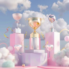 Assorted trophies on geometric podium with pastel colors and cloud elements. 3D concept for success