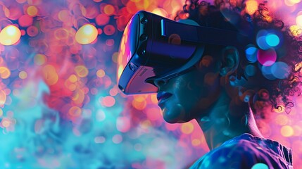 Close-up of a woman wearing a VR headset with colorful bokeh lights in background. Virtual reality