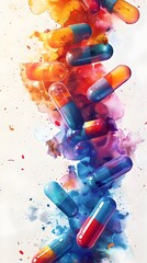 Precision Medicine Capsules in Vibrant Watercolor Expressionism on Minimalist Background