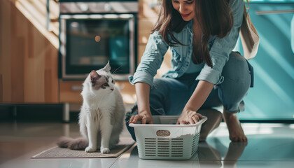 Owner cleaning cat litter box at home - obrazy, fototapety, plakaty