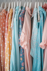 An assortment of female cotton summer clothing in pastel colors. Multicolored clothes dresses closeup, background for clothing store.