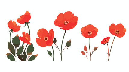 Five red paper flowers on white background 2d flat