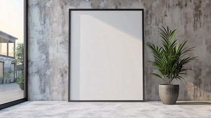 Minimalist Design in Modern Living, Blank Picture Frame on White Wall, Illuminated by Natural Light and Greenery - obrazy, fototapety, plakaty