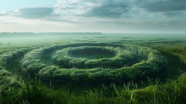 Surreal Spiral Landscape with Ethereal Grass Fields and Atmospheric Cinematic Visuals in Intricate D Render