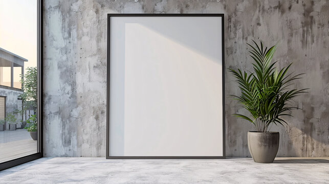 Minimalist Design in Modern Living, Blank Picture Frame on White Wall, Illuminated by Natural Light and Greenery