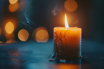One candle burns on a dark background with copy space. A symbol of memory and sorrow, orange fire in memory of the dead. - obrazy, fototapety, plakaty