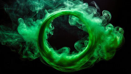 Green smoke in form of circle isolated on black background. - obrazy, fototapety, plakaty