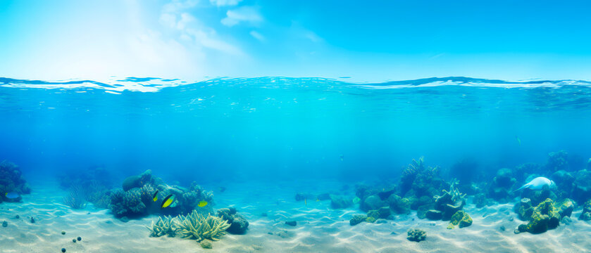 The world Ocean day, save the ocean , Blue sea ocean water surface and underwater with sunny and cloudy sky,seascape a summer background wallpaper.
