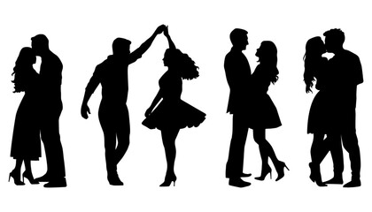 Group of Happy People Silhouettes, Romantic Couples, Love, Happiness, Man, Women, Dance, Kiss, Lovers, Family, Black, Isolated, Vector Illustration