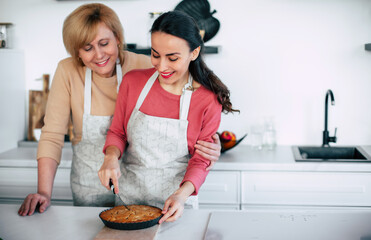 It looks delicious. Lovely daughter with her mother in aprons cutting vegan cake on the kitchen island just after it baked in oven in domestic kitchen background. - 777366158