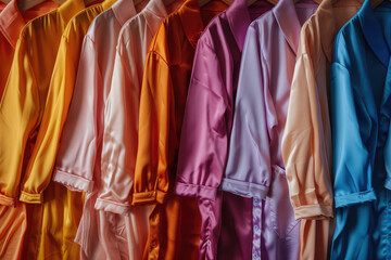 Assortment of female pajamas. Multicolored clothes pajama closeup, background for home clothing store.