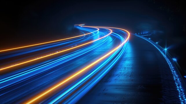 Computer generated image of swirling blue lights of road in space