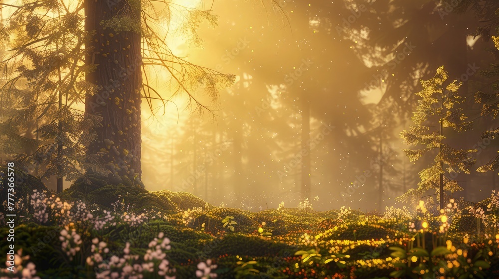 Wall mural a background of a misty forest at dawn, with soft golden sunlight filtering through the trees, creat