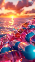 Vibrant Sunset Watercolor Clipart of Precision Medicine Pills in a Cinematic Photographic Style