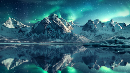 Northern lights over snowy mountain reflecting in a lake.