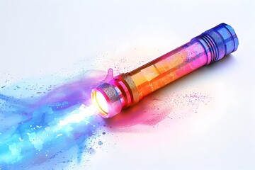 Vibrant Watercolor Pointillistic Flashlight Beacon Transitioning from Warm Sunset to Cool Dusk on Isolated Background