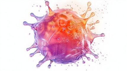 Vibrant Watercolor Rendering of an Isolated Cancer Stem Cell with Sunset Hued Splashes on White Background