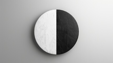 A black and white circle split in half lies on a white surface