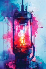 Vibrant Watercolor Rendering of Glowing Retro Industrial Lamp with Dramatic Lighting and Textured Splashes