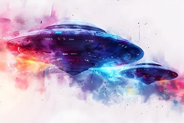 Vibrant and Dynamic Watercolor Rendering of Futuristic Flying Saucers in Cinematic Style with Minimalist Isolated Background