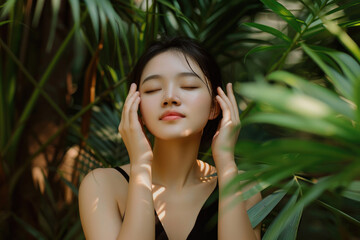 A beautiful asian woman with her eyes closed stands in front of green plants and palm trees, holding both hands to her face for skin care