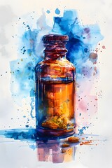 Watercolor Depiction of Precision Medicine Bottle with Soft Subtle Color Style on White Background
