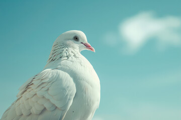 Serene White Dove Against Blue Sky background with copy space. Close-up of a peaceful white dove, symbol of peace. 